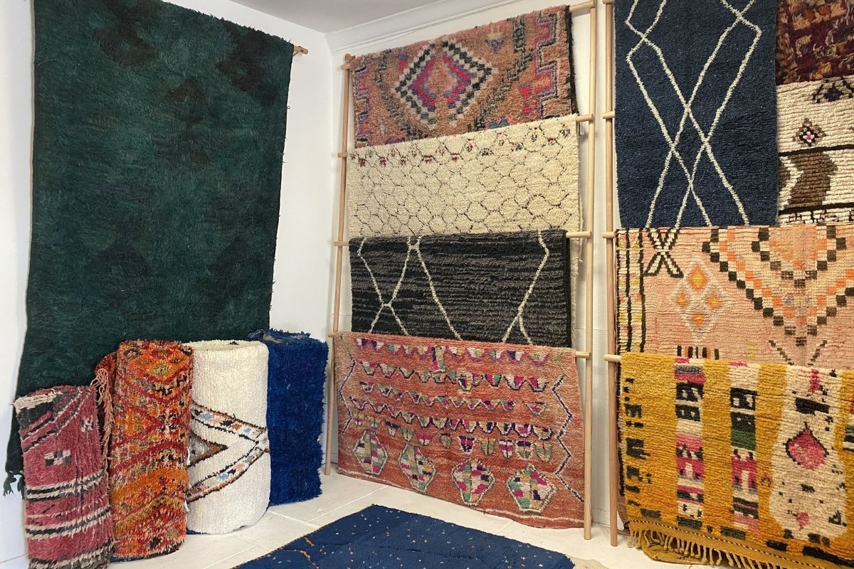 forest green overdye Moroccan rug in The Rug Shop, Kantara's Eagle Rock rug showroom in Los Angeles