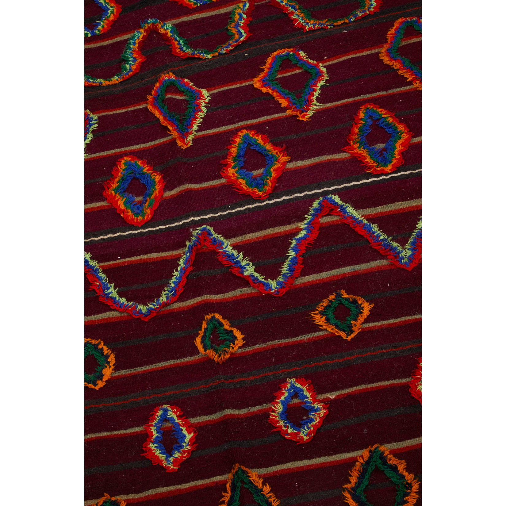 Red and purple Moroccan flatweave kilim with tufted rainbow detaiils - Kantara | Moroccan Rugs