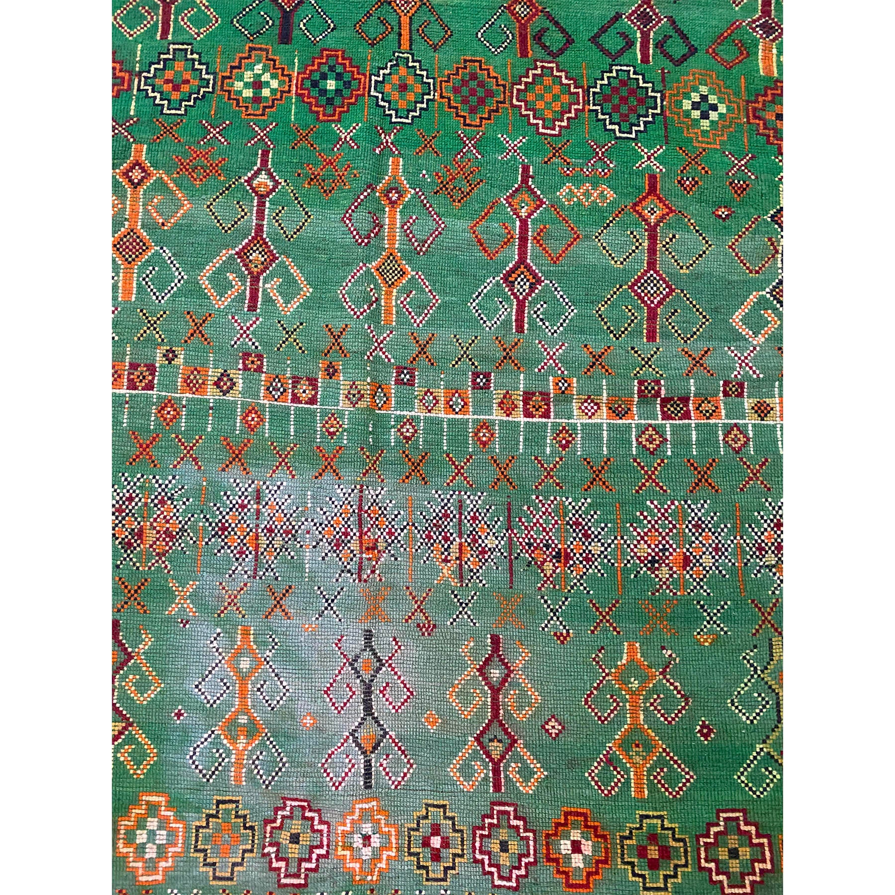 Contemporary green Beni Mguild Moroccan rug with traditional pattern design - Kantara | Moroccan Rugs