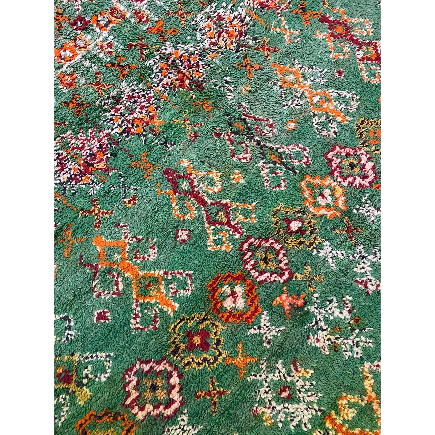 Green Beni Mguild medium sized Moroccan rug with red and orange details - Kantara | Moroccan Rugs
