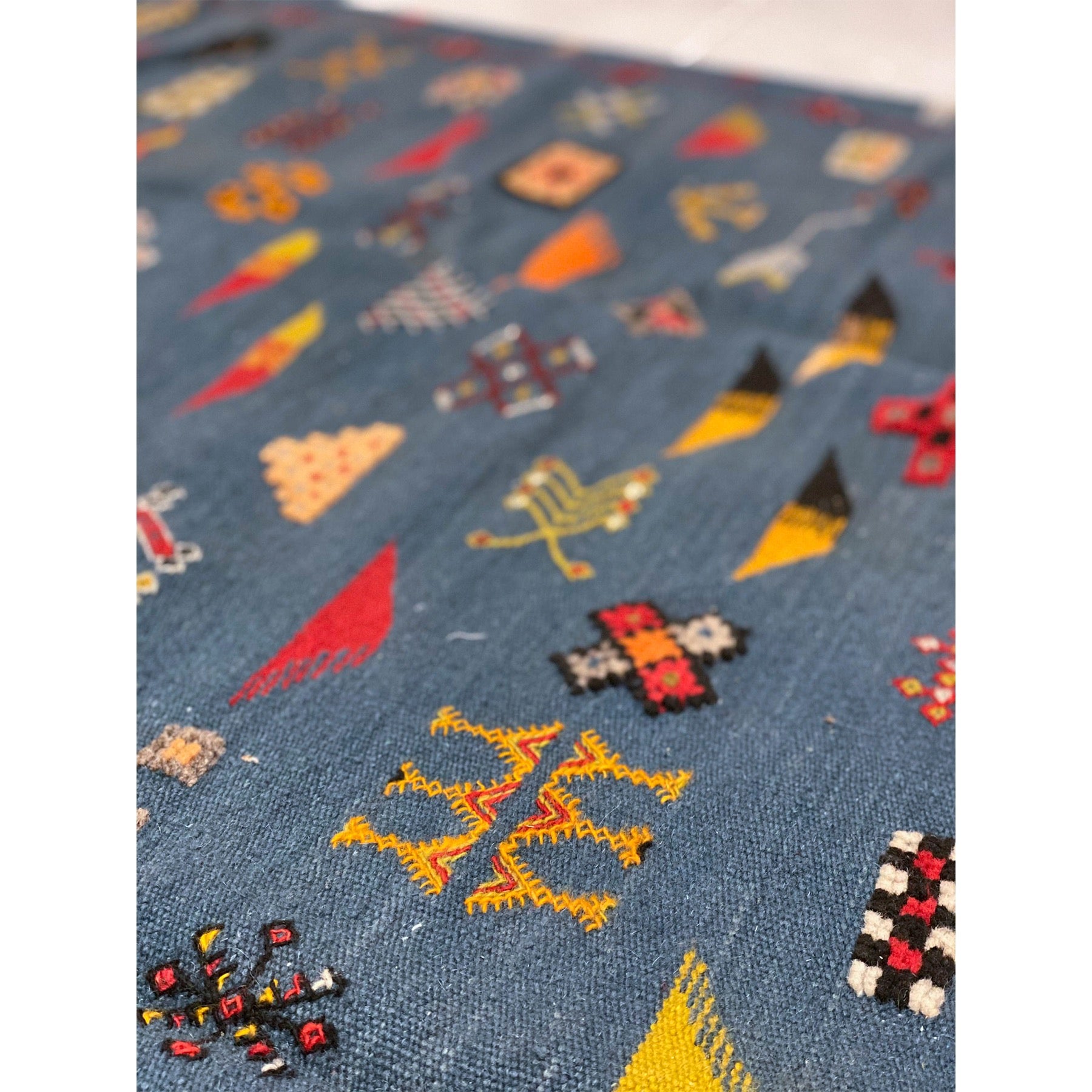 Blue Moroccan kilim area rug with tribal motifs - Kantara | Moroccan Rugs