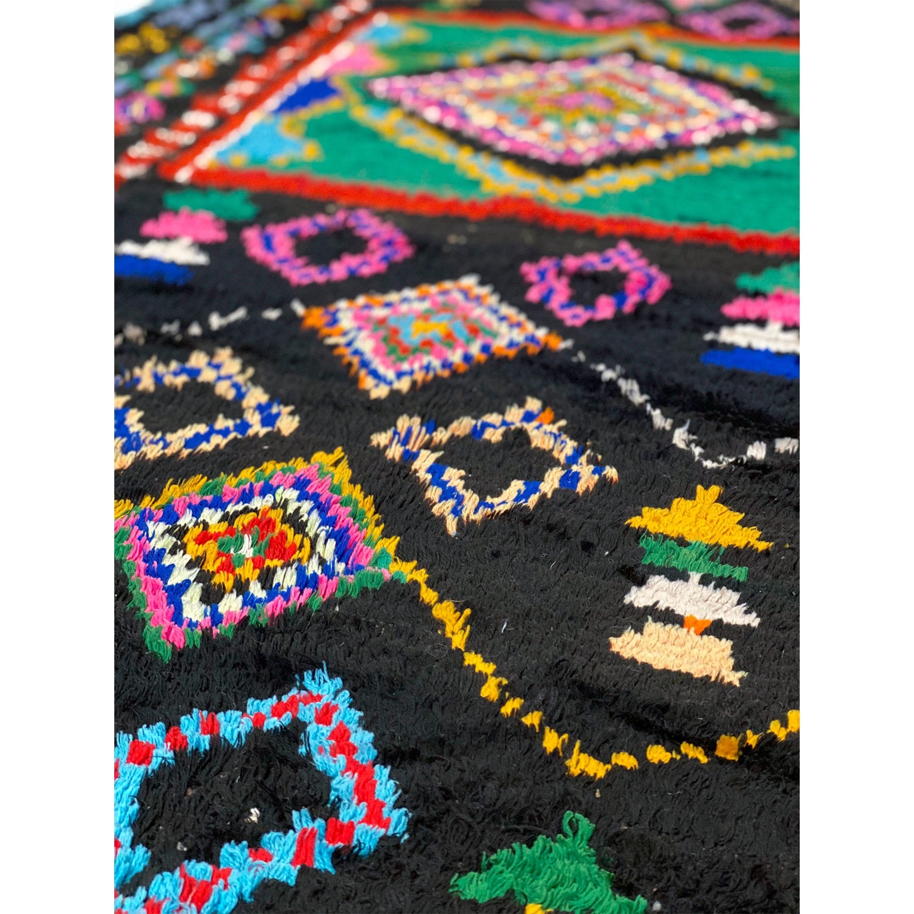 Black Moroccan rag rug with colorful details - Kantara | Moroccan Rugs