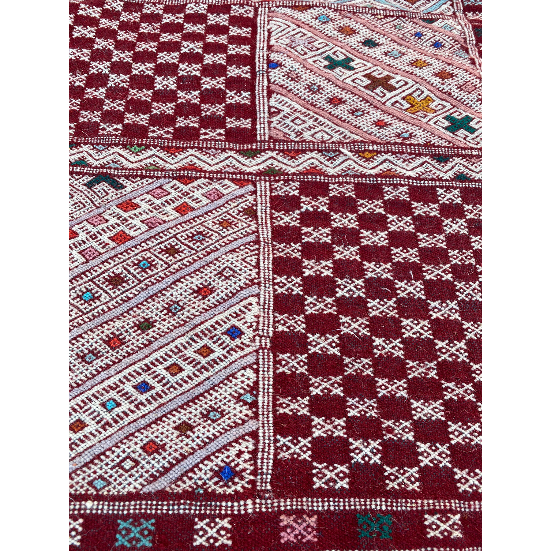 Red Moroccan flatweave kilim with geometric pattern design - Kantara | Moroccan Rugs