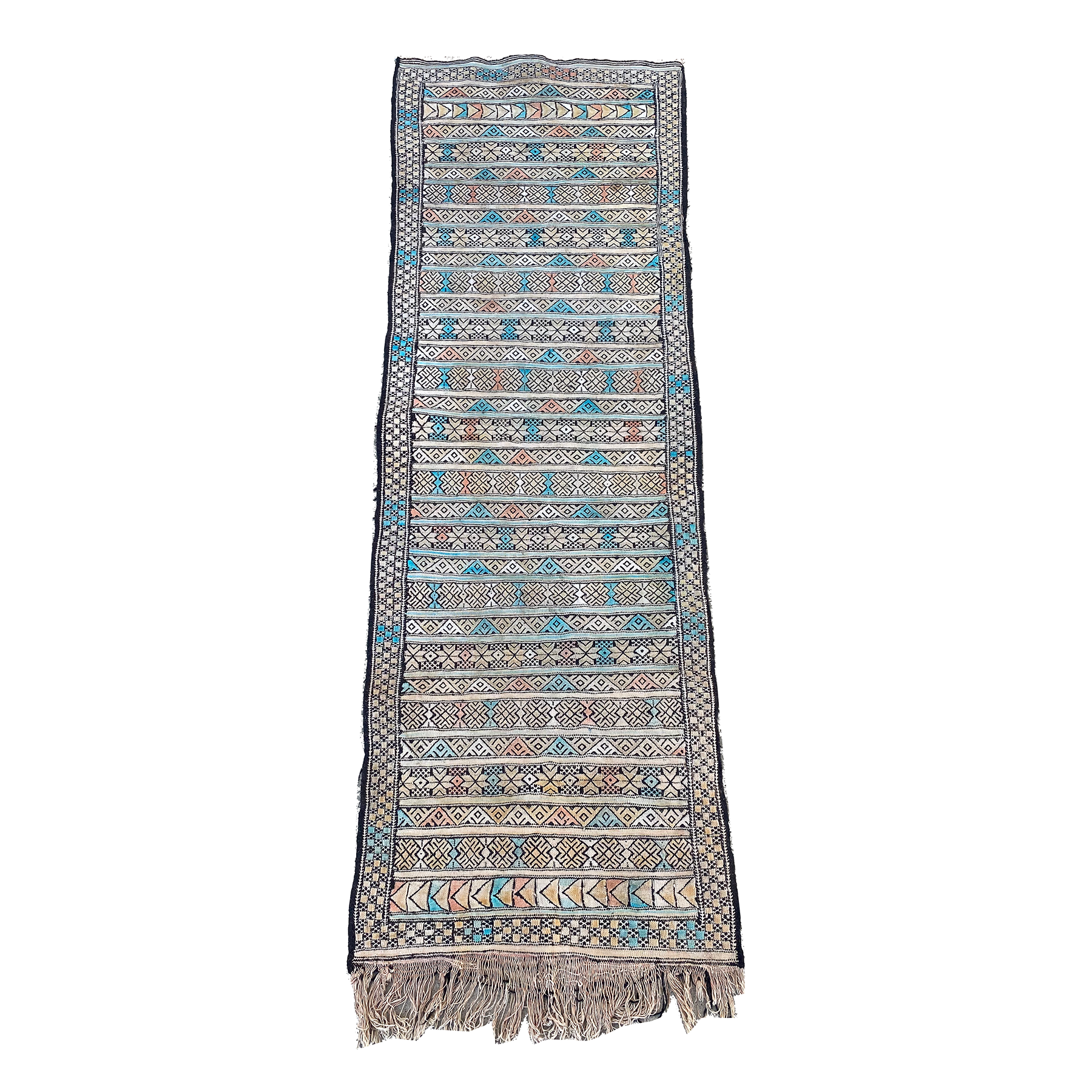 Moroccan flatweave kilim with blue, pink, and yellow details - Kantara | Moroccan Rugs