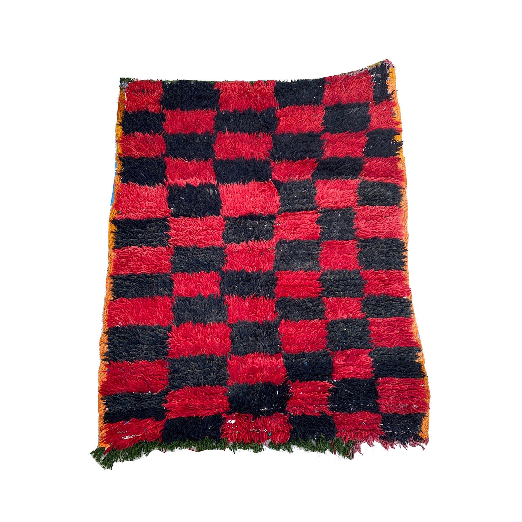 Red vintage Moroccan throw rug with checkerboard pattern - Kantara | Moroccan Rugs