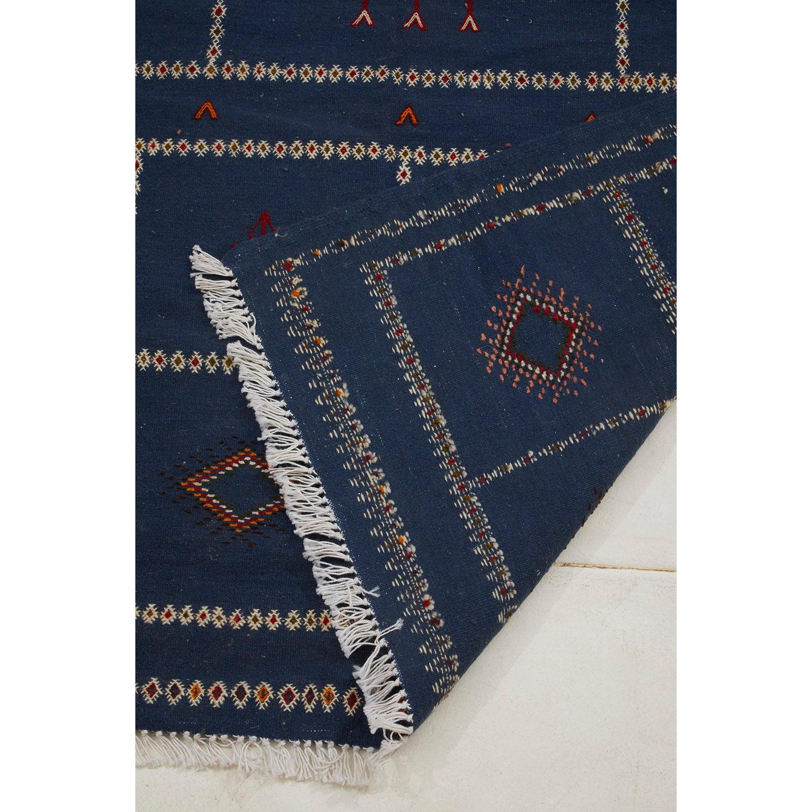 Boho chic navy blue Moroccan flatweave kilim entryway rug - Kantara | Moroccan Rugs