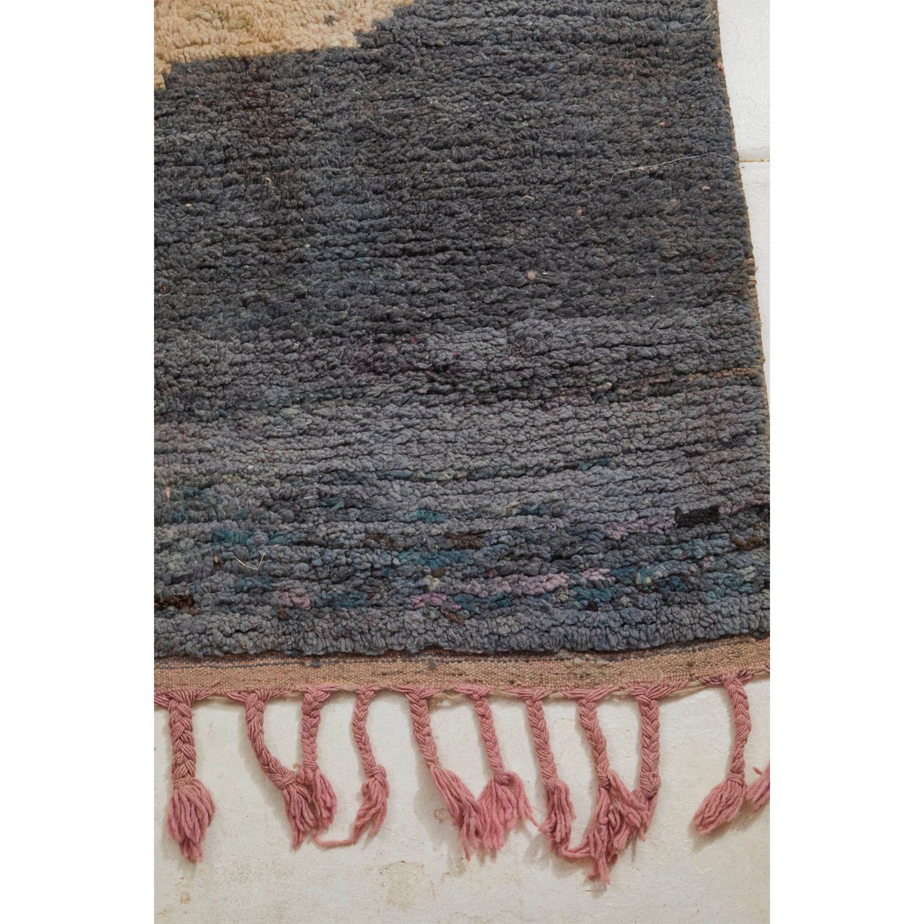 Boho chic handwoven Moroccan rug in grey, yellow, purple, and pink - Kantara | Moroccan Rugs