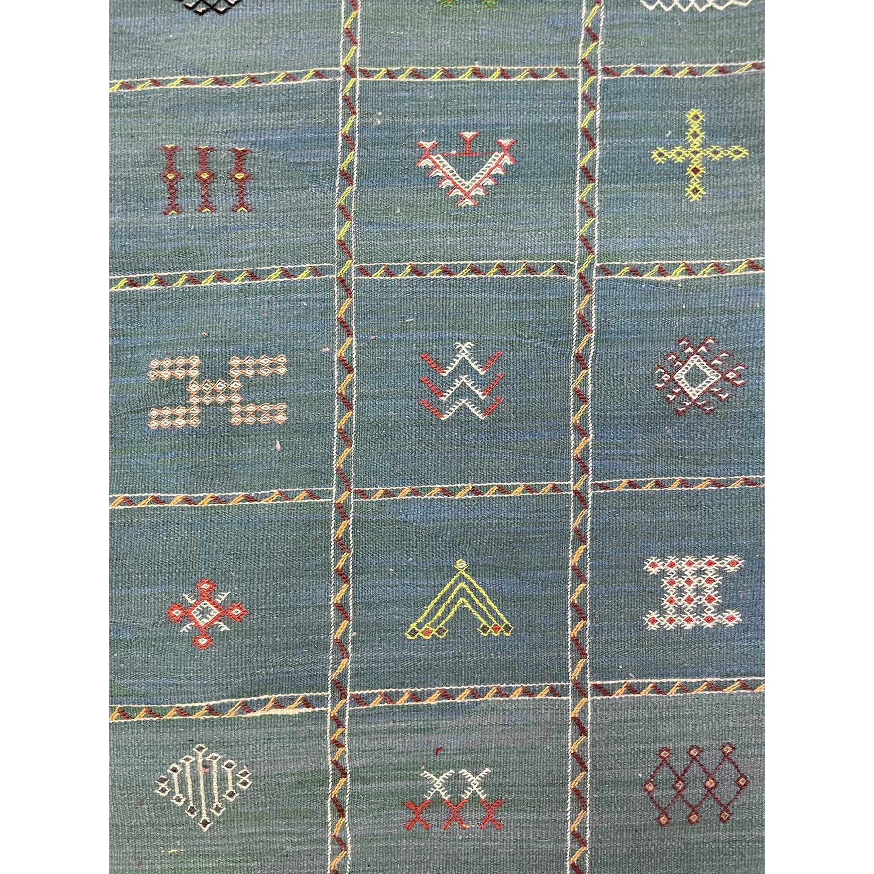 Light blue Moroccan flatweave kilim with intricate details - Kantara | Moroccan Rugs