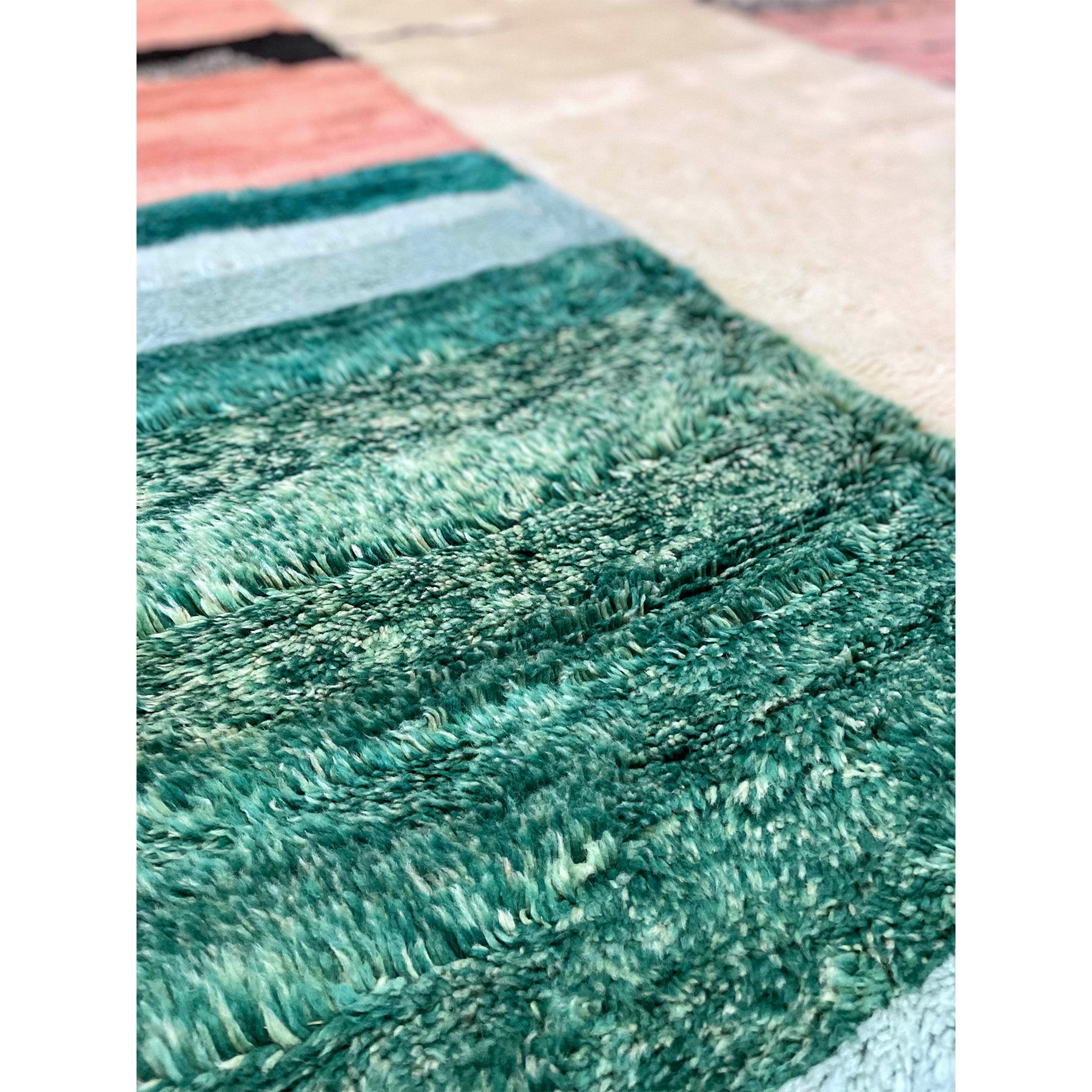 Colorful Moroccan area rug in ballet pink, sky blue, and seafoam green - Kantara | Moroccan Rugs