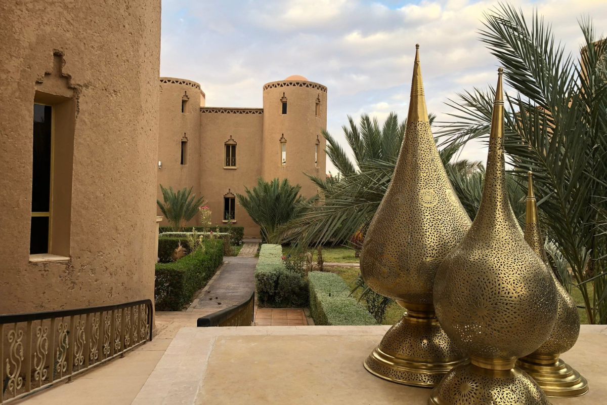 Moroccan brass lamps outside of hotel in Erfoud en route to Merzouga and the dunes of Erg Chebbi