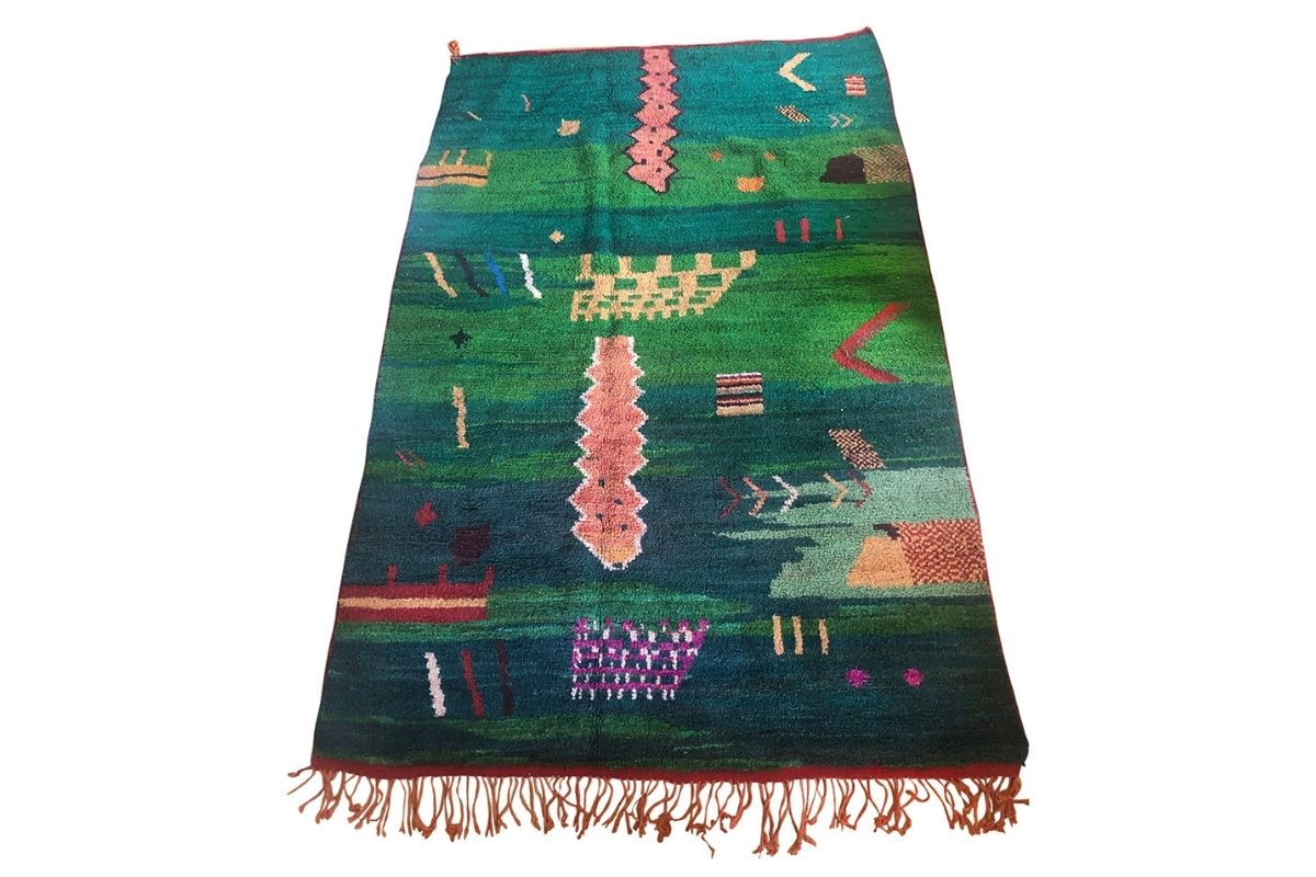 Fall 2019 Moroccan Rugs in Forest green with colorful pink abstract designs | available in Kantara's Los Angeles showroom
