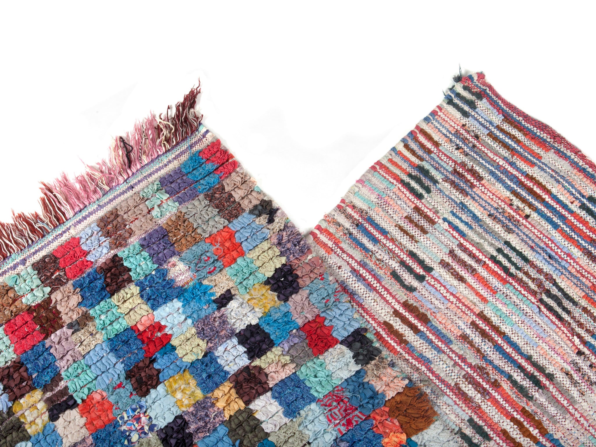 Moroccan boucherouite rag rug made with colorful tufted cotton in traditional Berber rug style