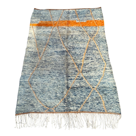Custom light blue Moroccan rug with inlaid orange details