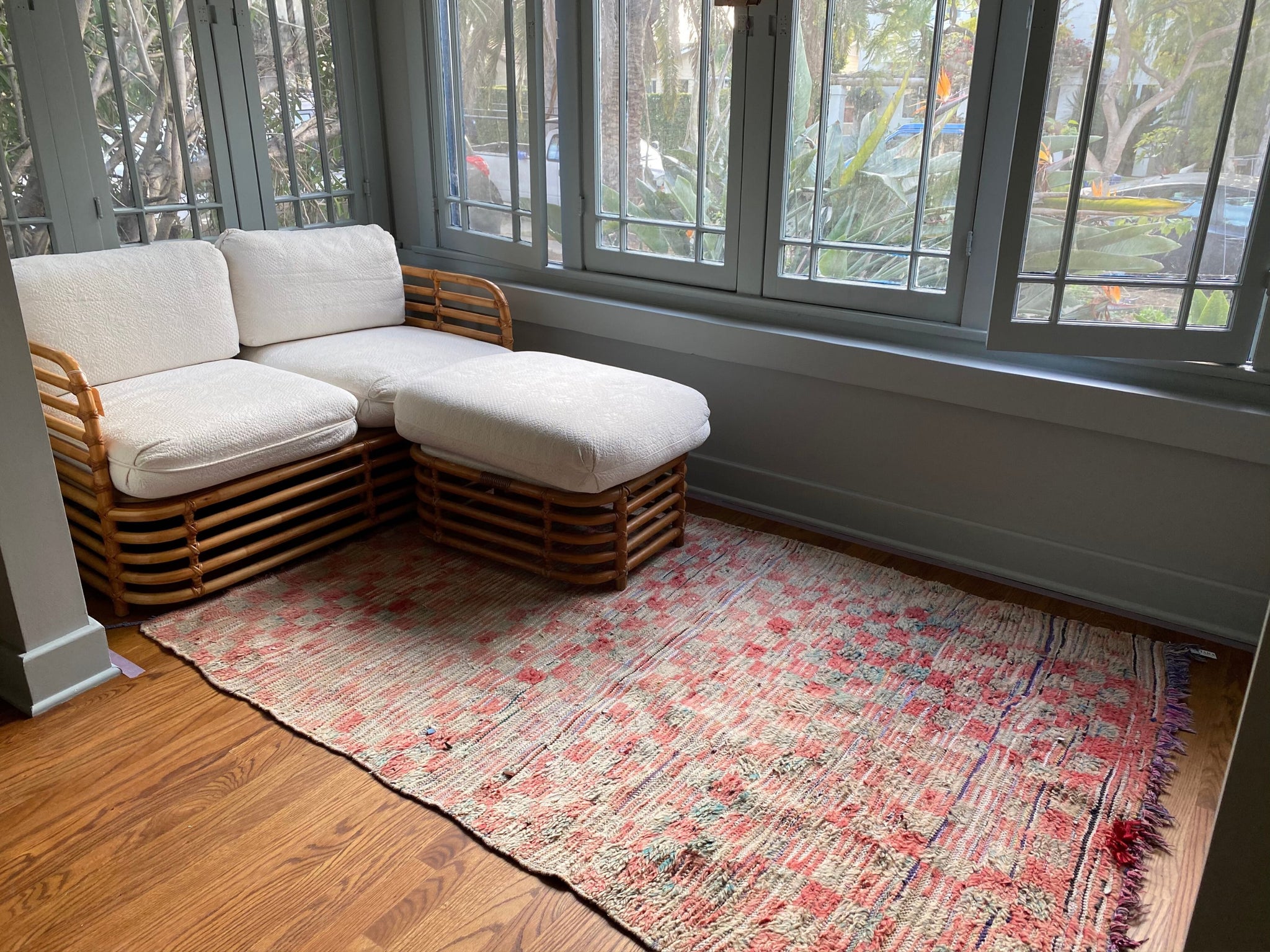 Contemporary orange and black Moroccan rug with checkerboard pattern