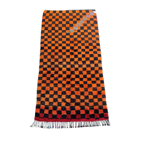 Contemporary orange and black Moroccan rug with checkerboard pattern