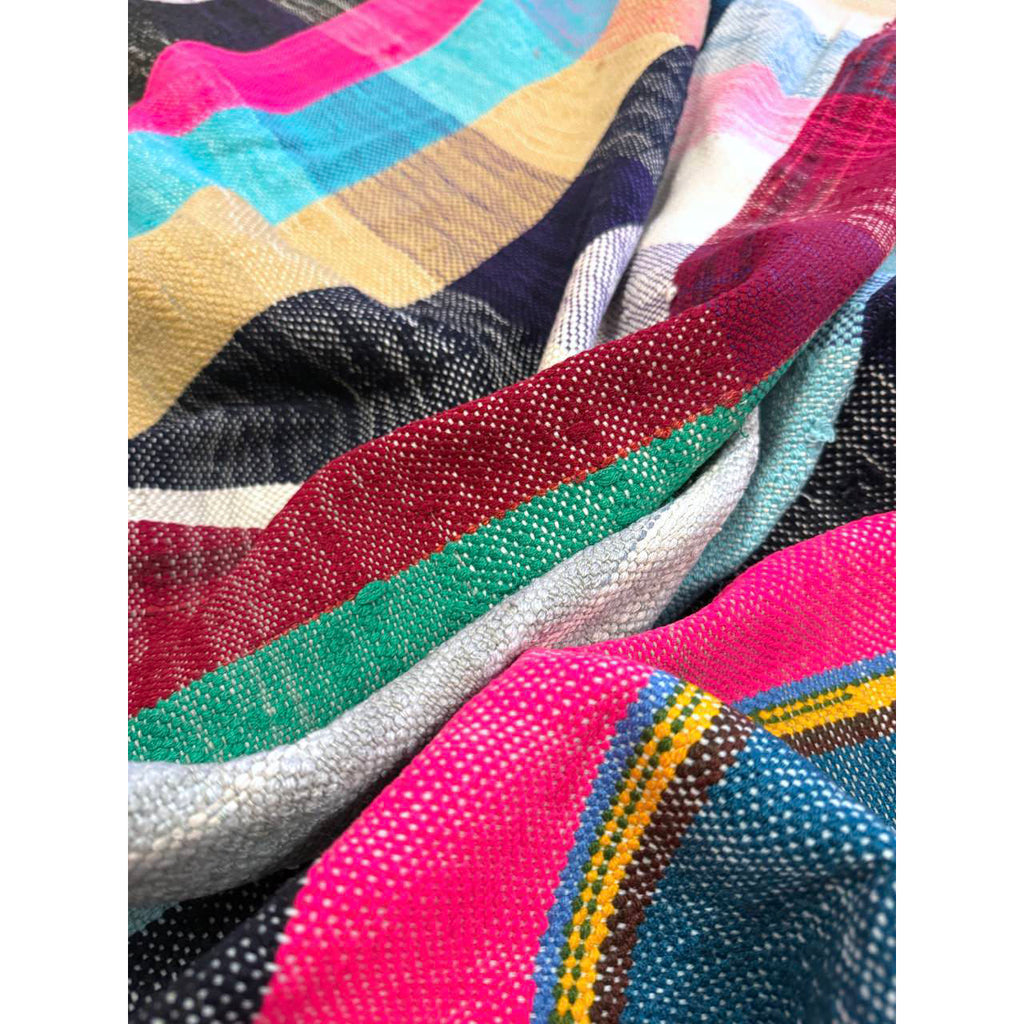 Close-up of colorful fabric with various patterns and colors.