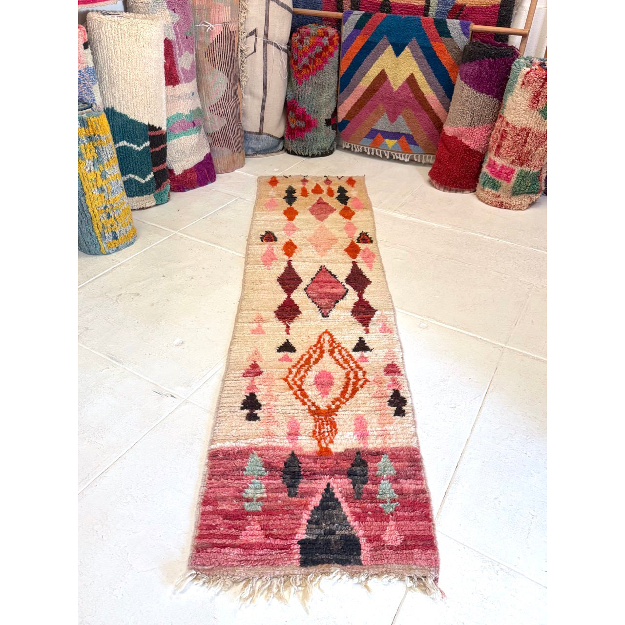 Pink and White Moroccan Runner Rug