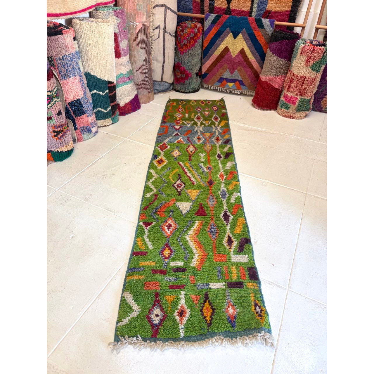 Colorful Green Moroccan Runner Rug