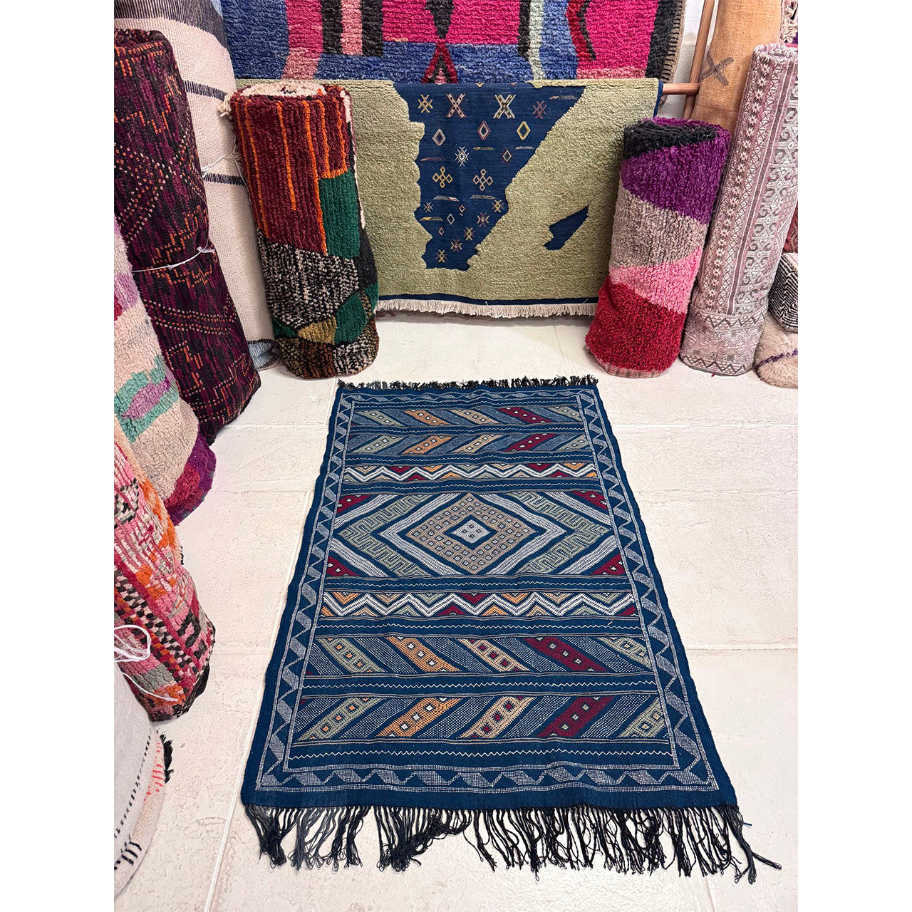 Small Blue Geometric Flatweave Rug