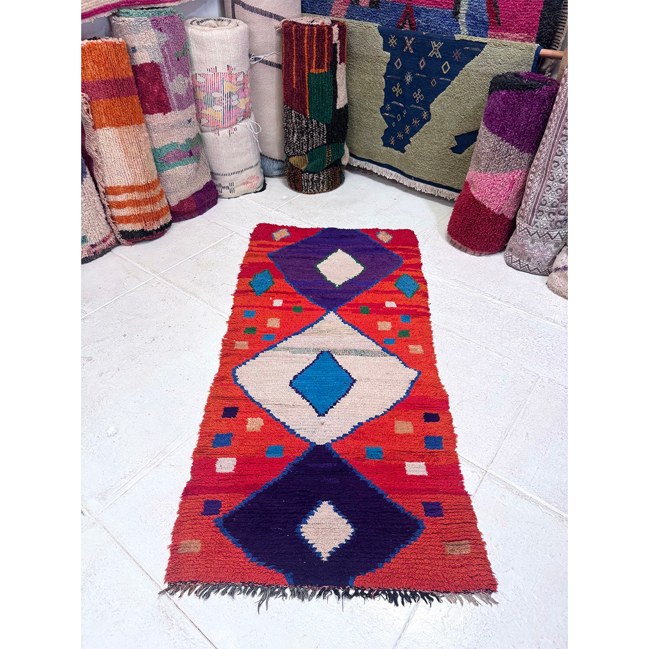 Orange Diamond Moroccan Boucherouite Rug