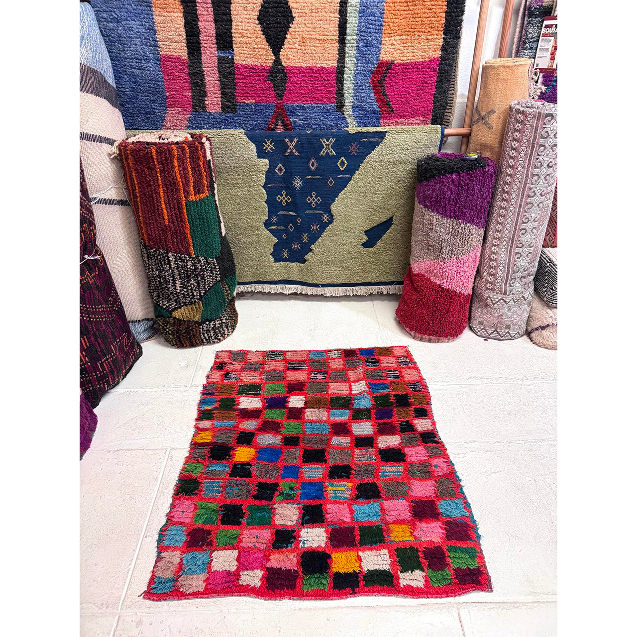Vintage Moroccan Checkered Throw Rug