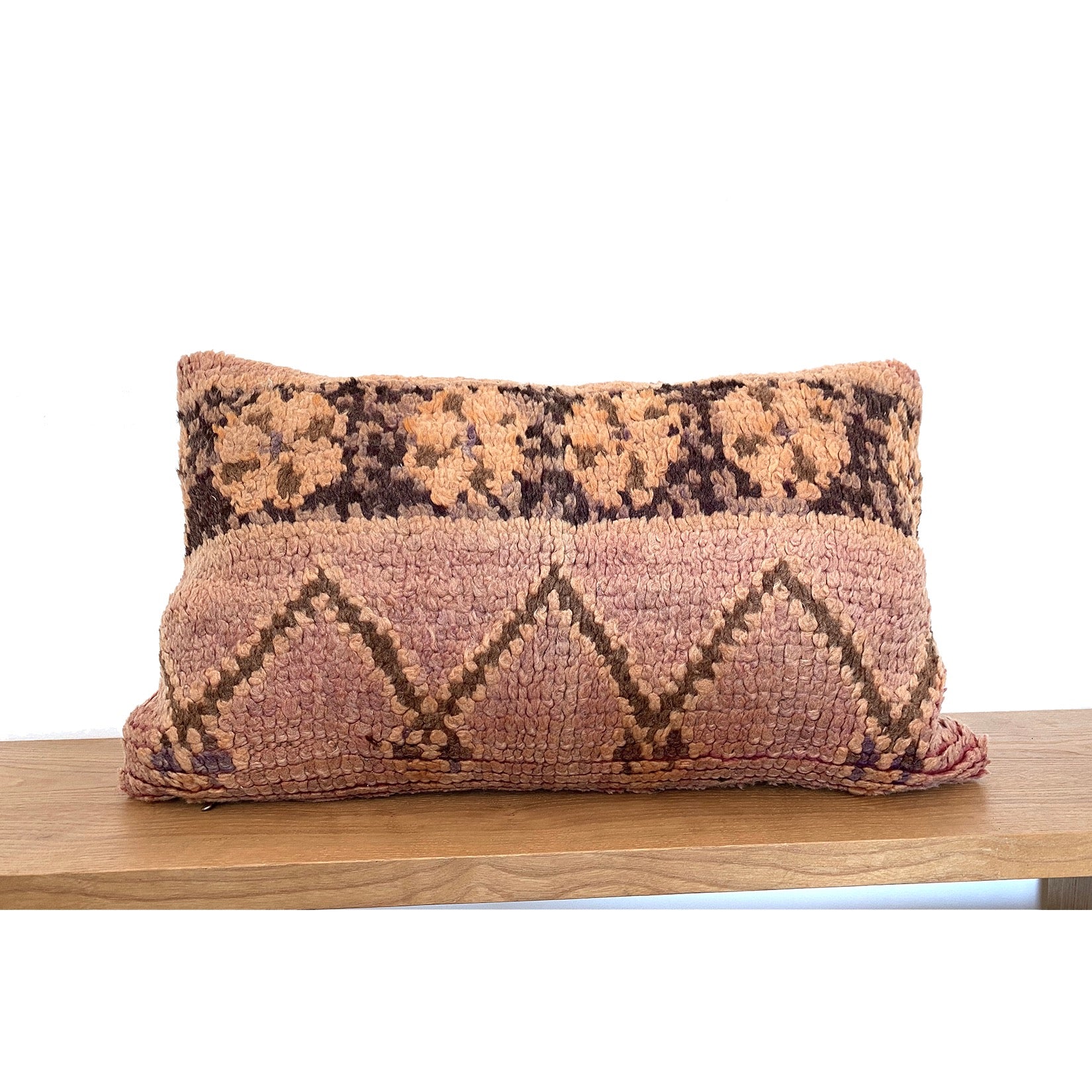 Pink upcycled throw pillow made from a vintage Moroccan rug - Kantara | Moroccan Rugs