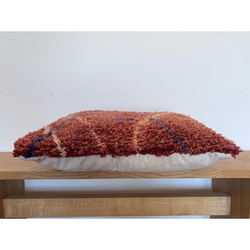 Plush red Moroccan throw pillow with funky stripe pattern - Kantara | Moroccan Rugs