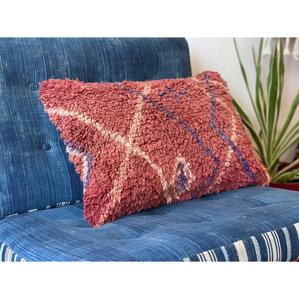 Plush red Moroccan throw pillow with funky stripe pattern - Kantara | Moroccan Rugs