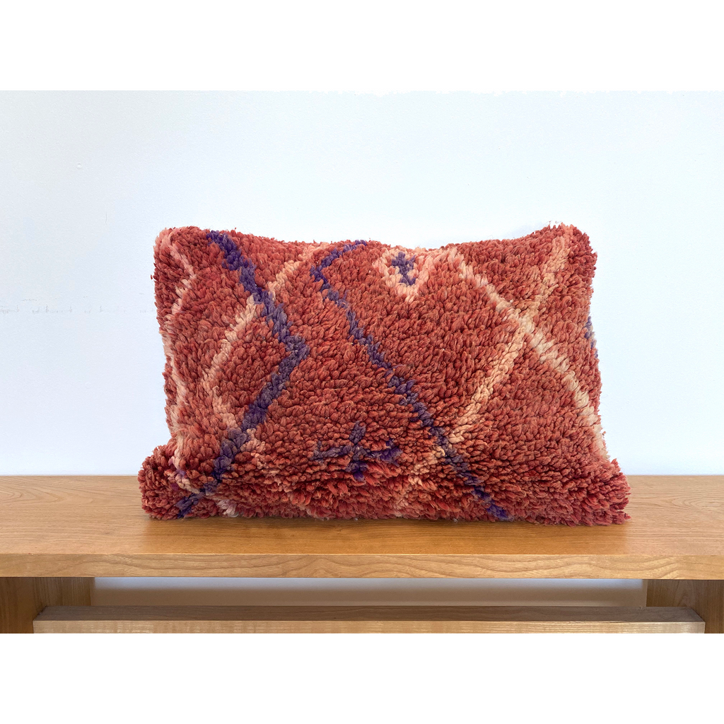 Plush red Moroccan throw pillow with funky stripe pattern - Kantara | Moroccan Rugs