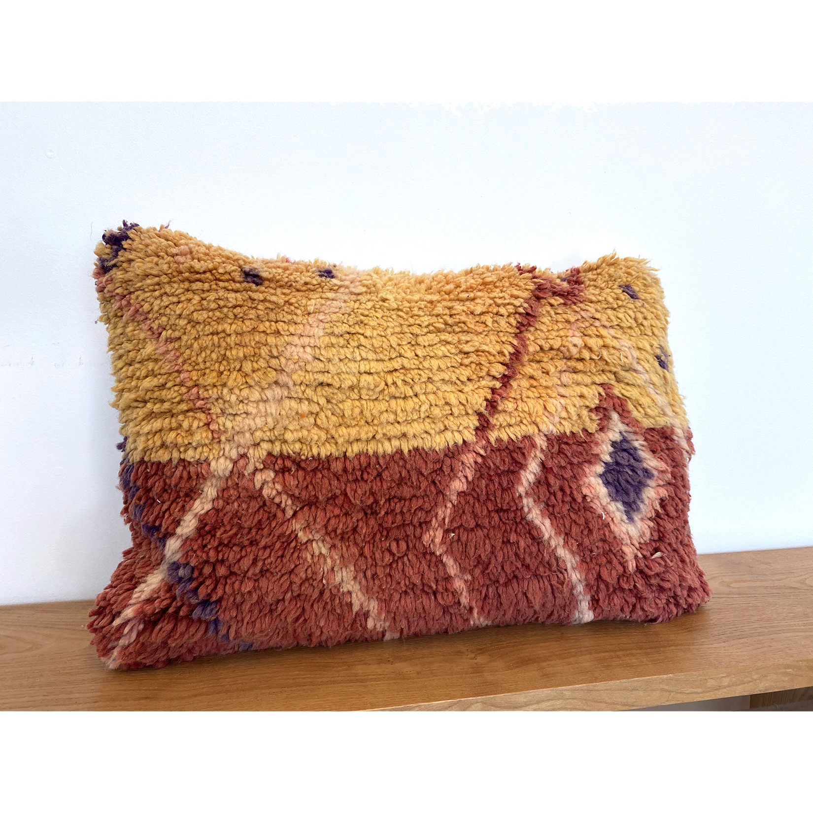 Red & yellow Moroccan throw pillow with purple diamond motif