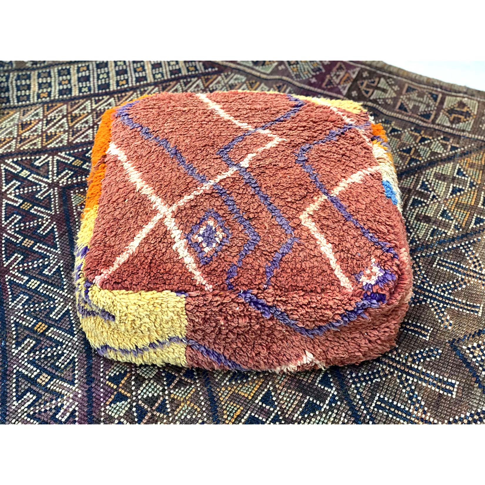 Boho chic red, orange, and white Moroccan floor pouf pillow - Kantara | Moroccan Rugs