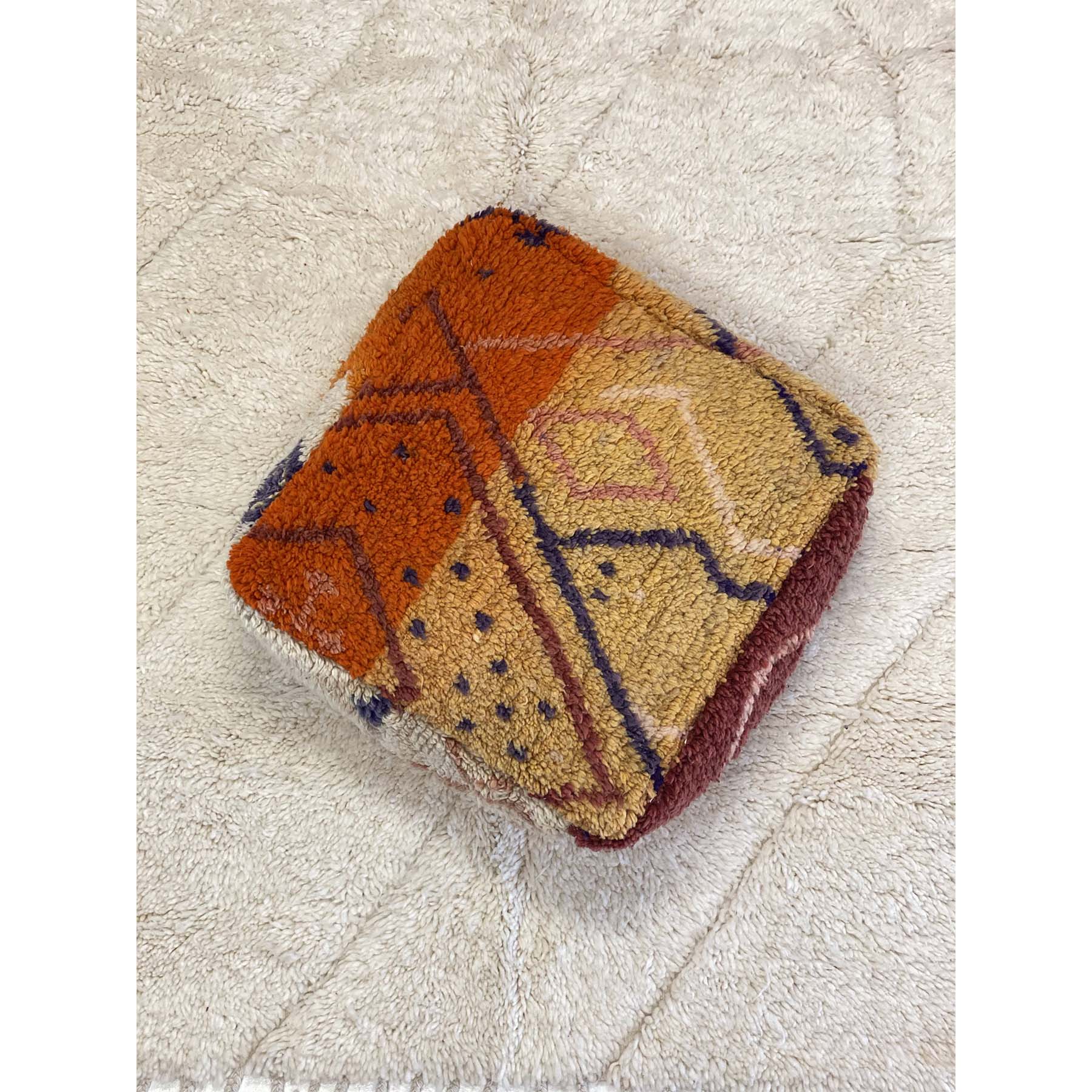 Yellow and orange Moroccan floor pouf with geometric pattern design - Kantara | Moroccan Rugs