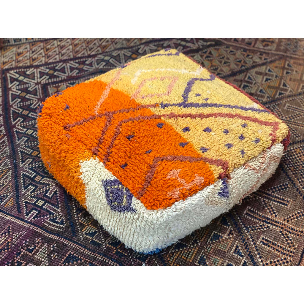 Yellow and orange Moroccan floor pouf with geometric pattern design - Kantara | Moroccan Rugs