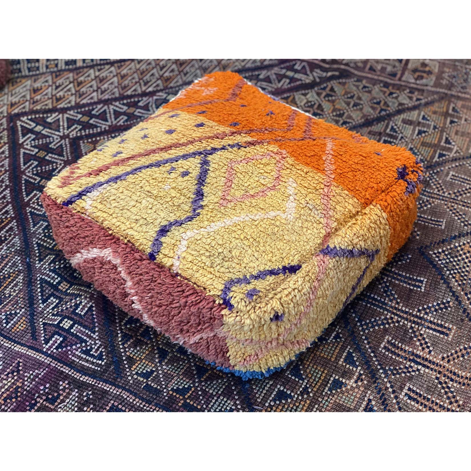 Yellow and orange Moroccan floor pouf with geometric pattern design - Kantara | Moroccan Rugs