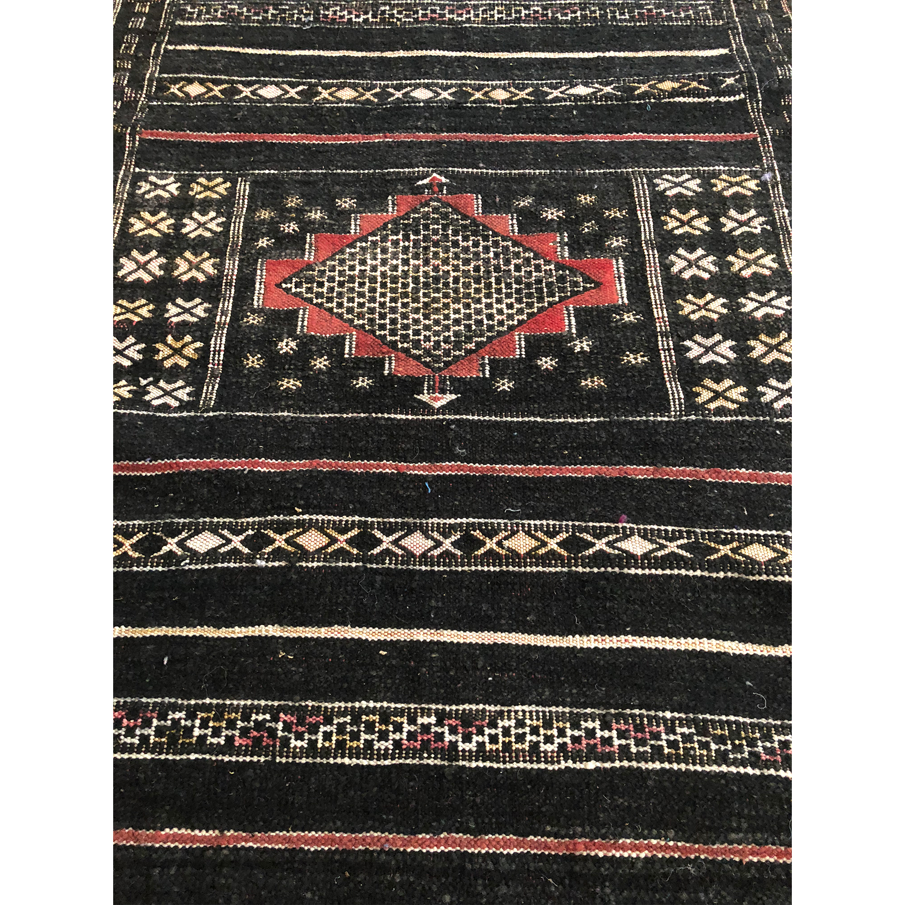 Black Moroccan kilim with geometric pattern design  - Kantara | Moroccan Rugs
