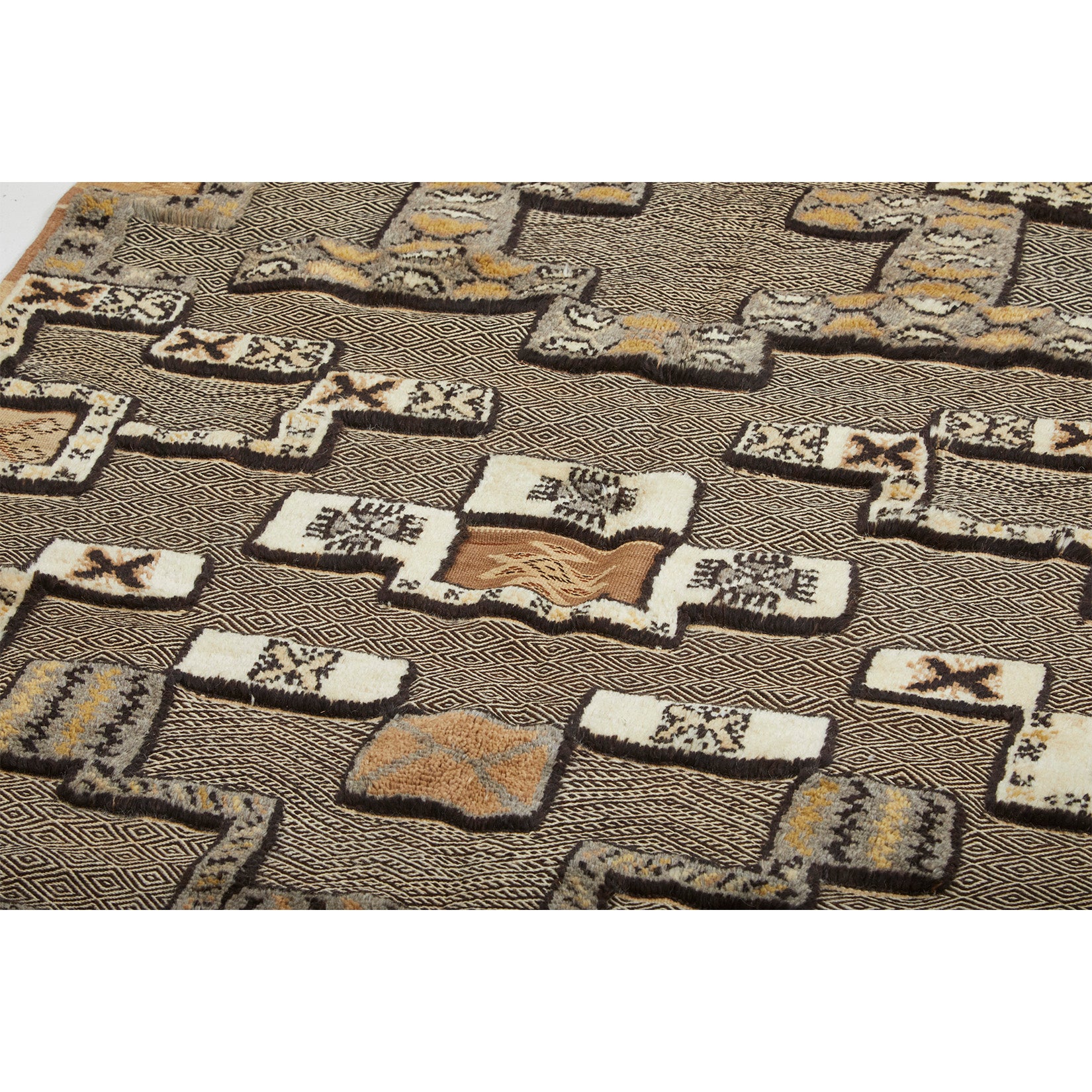 Brown, black, and white tribal berber carpet with both pile and flatweave sections - Kantara | Moroccan Rugs