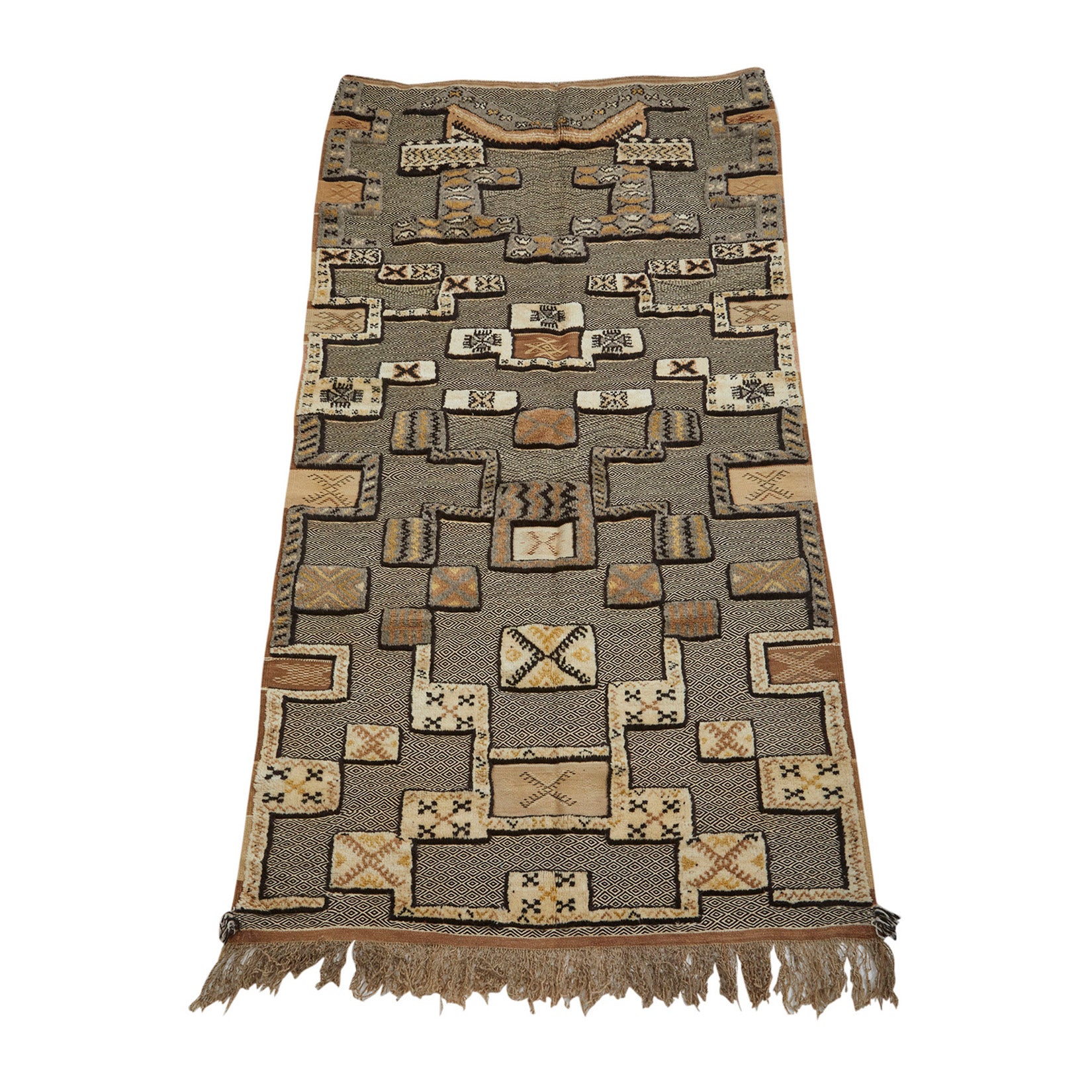 Authentic golden geometric berber carpet with zanafi weaving from Taznakht Ouarzazate - Kantara | Moroccan Rugs