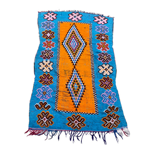 Medium colorful blue and orange boucherouite Moroccan rug - Kantara | Moroccan Rugs