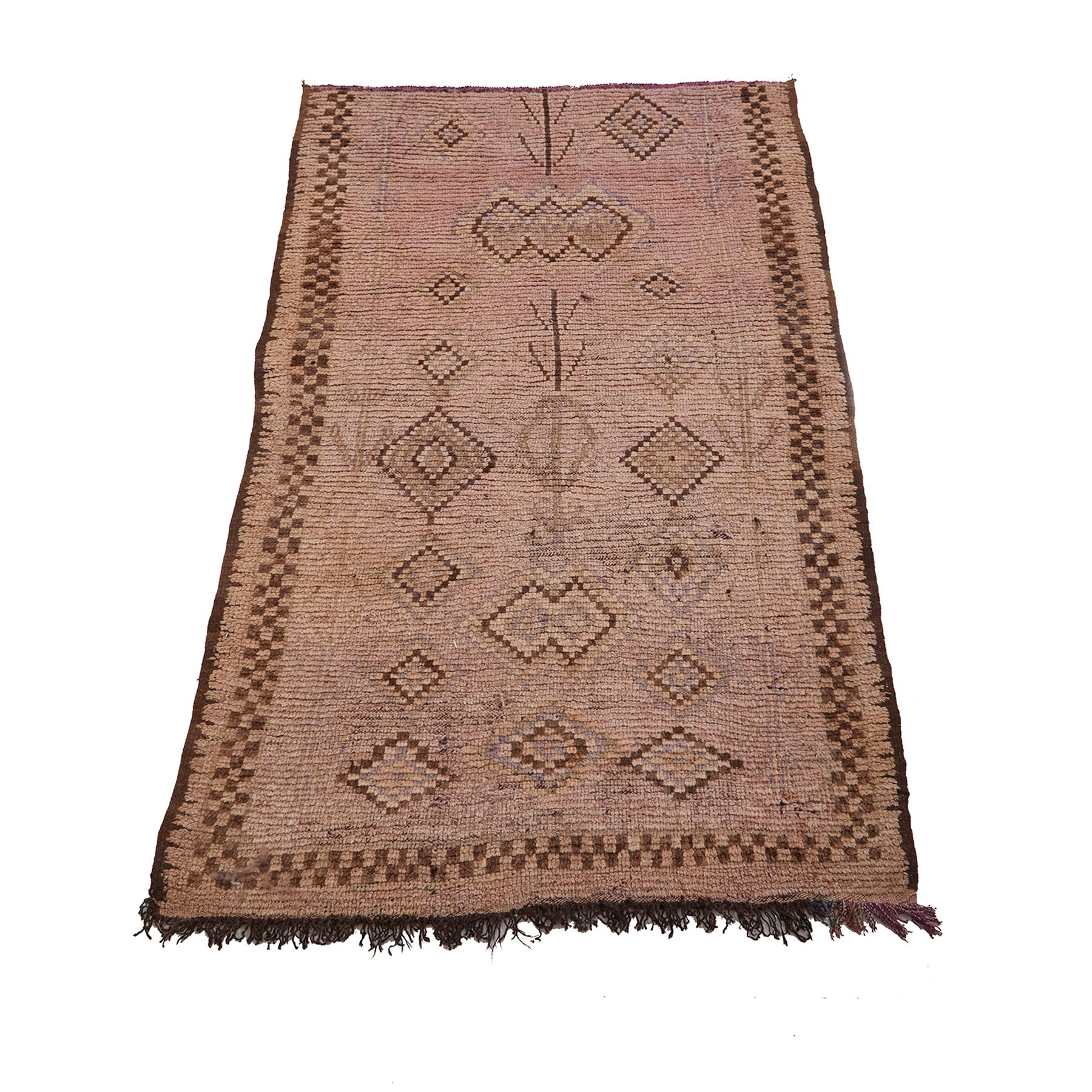 Checkerboard Moroccan rug in brown and neutral tones with diamond abstract designs