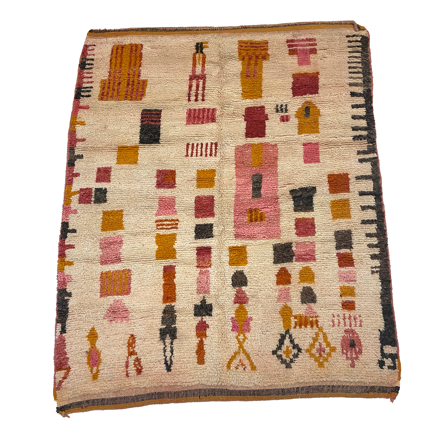Pink and mustard yellow Moroccan rug with colored box design on cream background