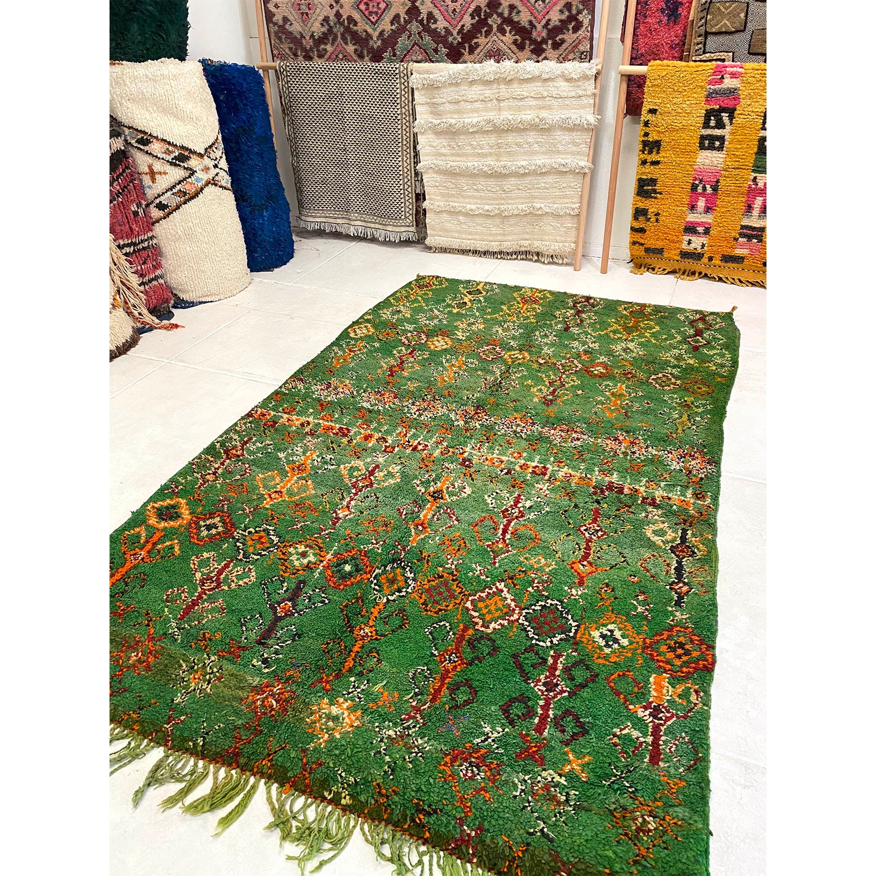 Boho chic kelly green Moroccan berber carpet - Kantara | Moroccan Rugs