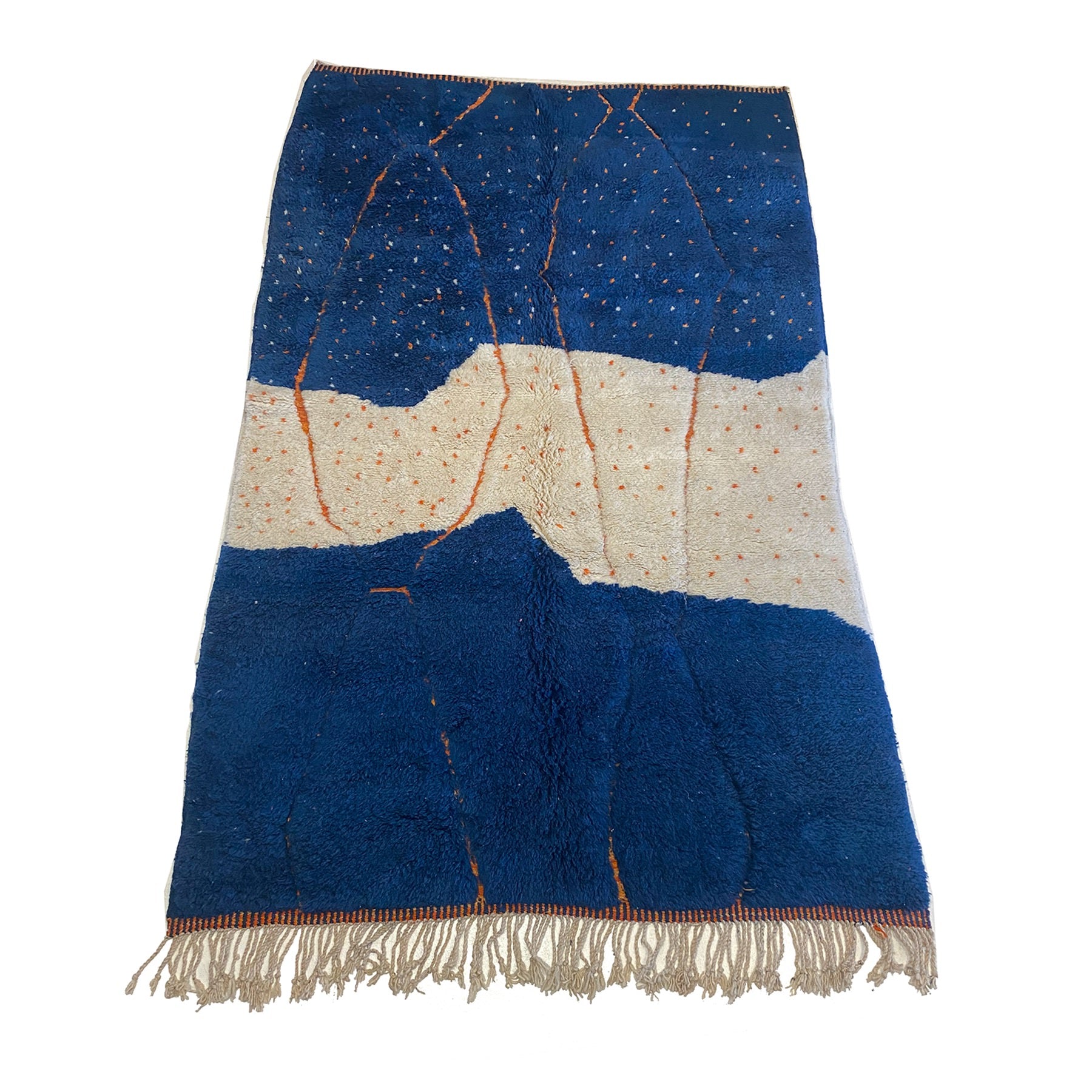 Blue and white Moroccan Moroccan area rug with orange details - Kantara | Moroccan Rugs
