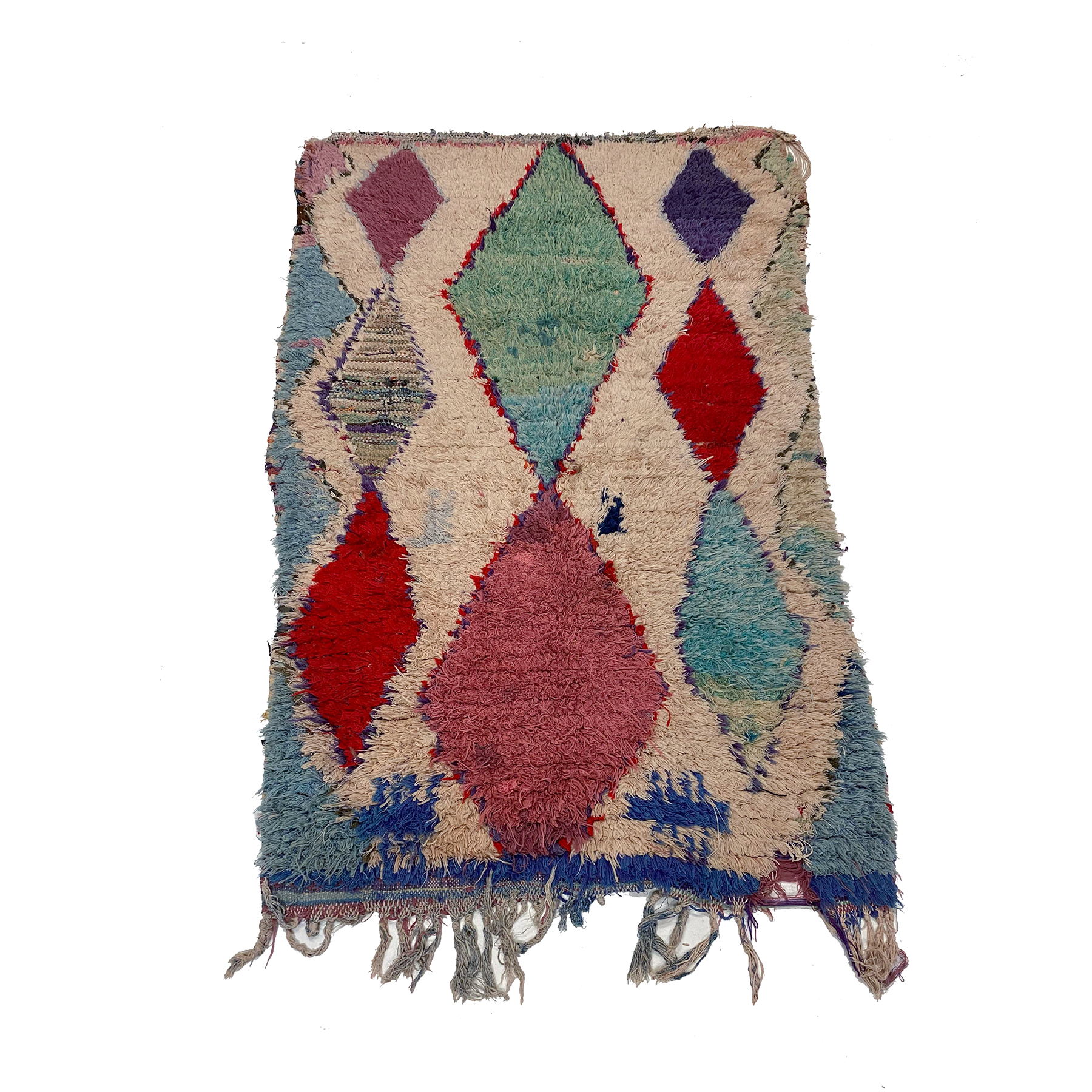 Cream colored Moroccan boucherouite rag rug with colorful diamond pattern - Kantara | Moroccan Rugs