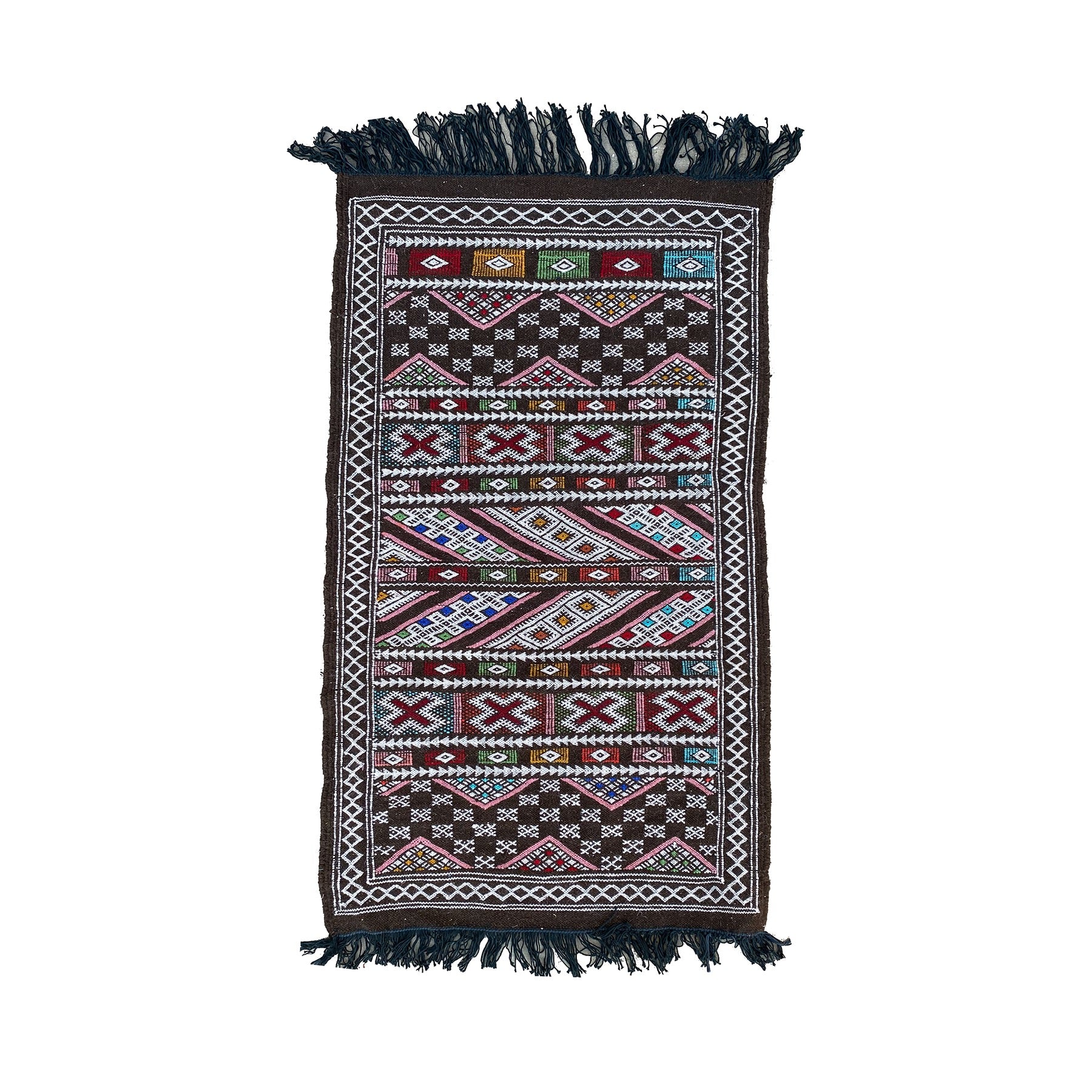 Brown Moroccan flatweave kilim throw rug with colorful details - Kantara | Moroccan Rugs