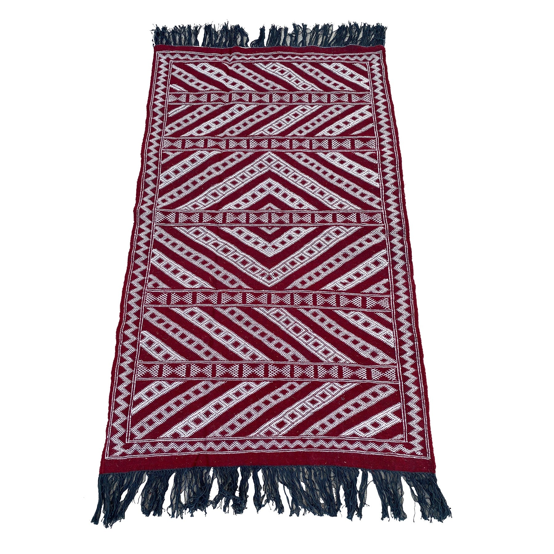 Red and white Moroccan kilim rug with blue tassels - Kantara | Moroccan Rugs