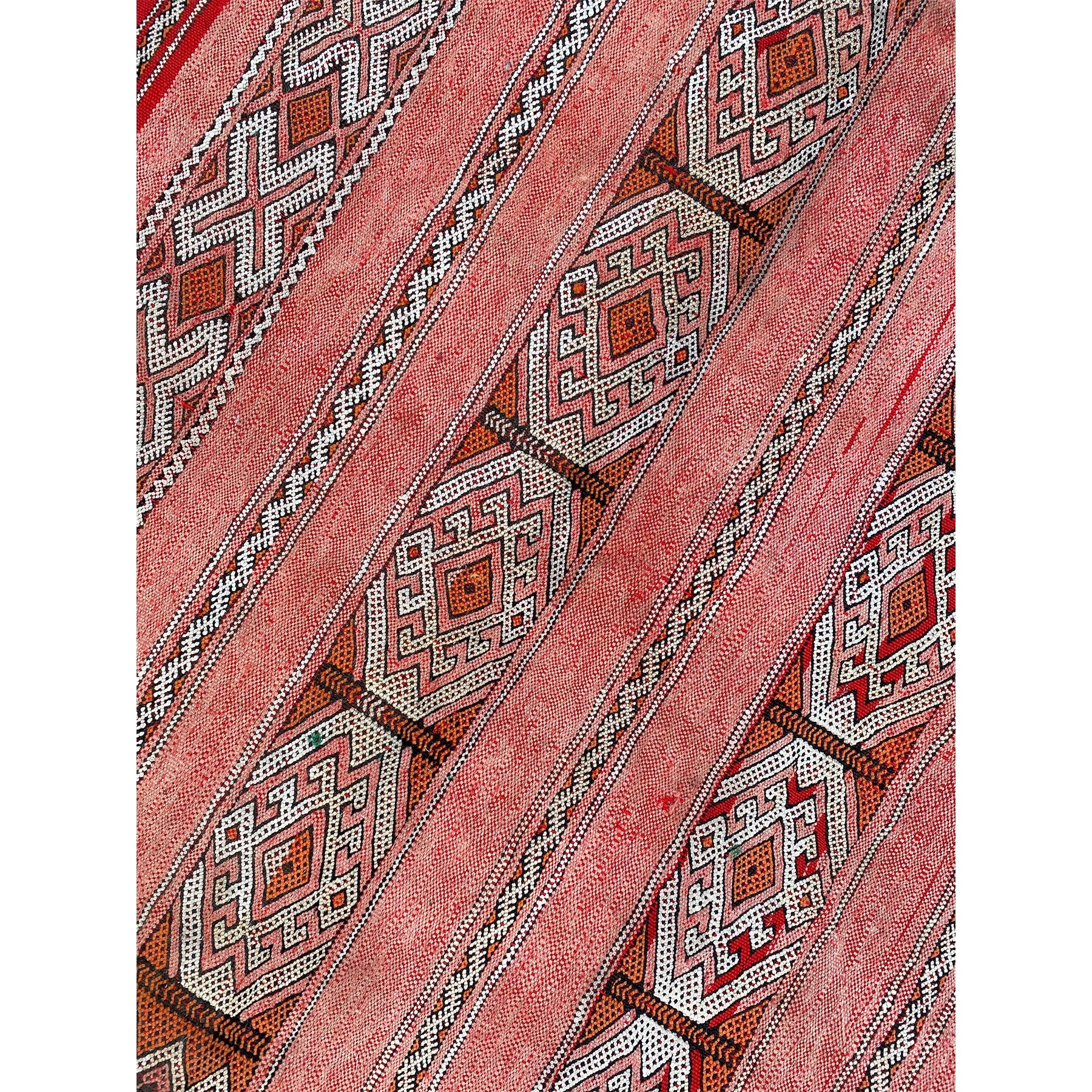 Vintage red berber flatweave rug with white and orange details - Kantara | Moroccan Rugs