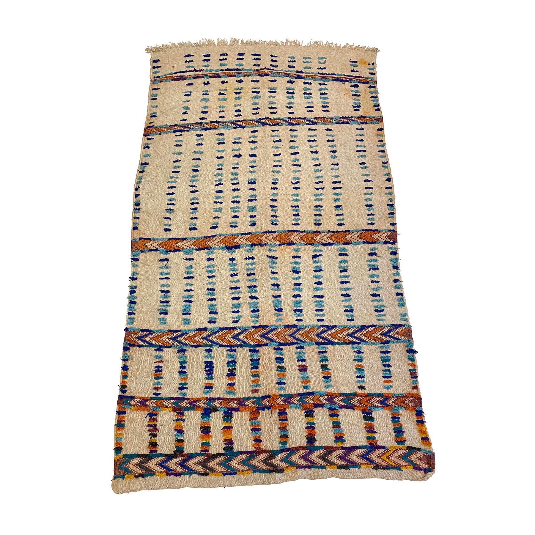 Off white flatwoven Moroccan area rug with blue tufted details - Kantara | Moroccan Rugs