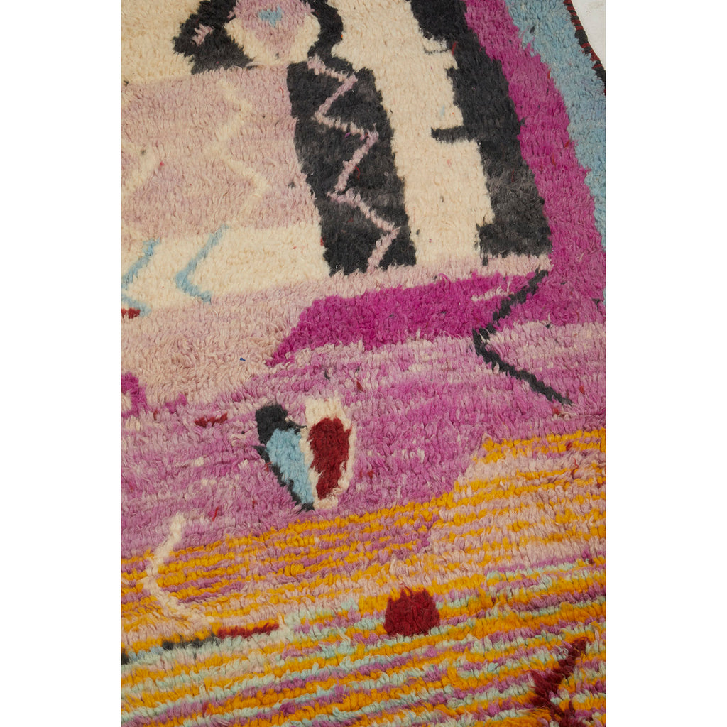 Boujaad Moroccan area rug in shades of white, black, purple, blue, and yellow - Kantara | Moroccan Rugs