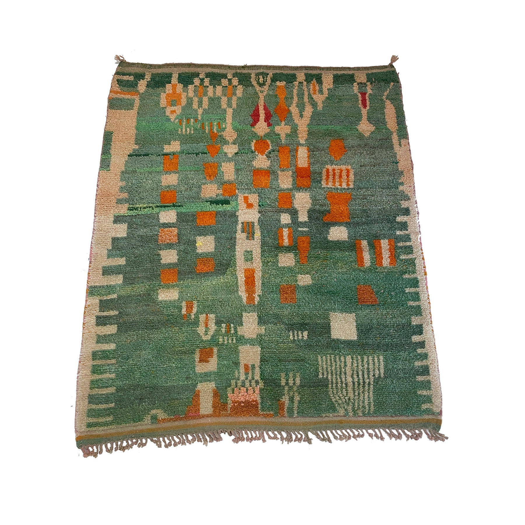 Vintage seafoam green art deco Moroccan rug with orange and white details - Kantara | Moroccan Rugs