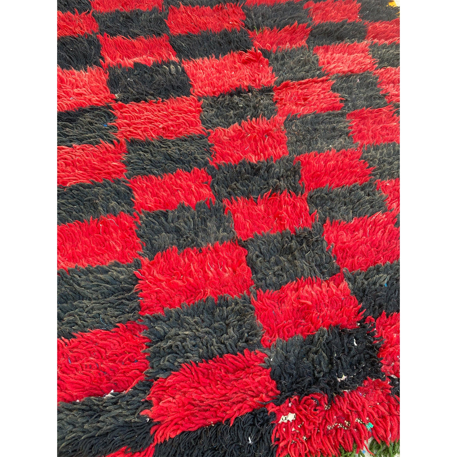 Plush vintage red and black Moroccan checkerboard throw rug - Kantara | Moroccan Rugs